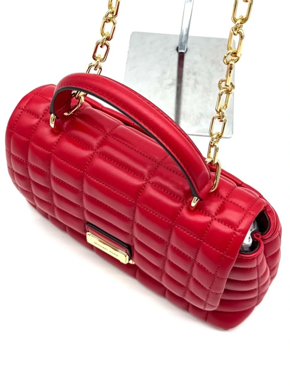 Michael Kors Tribeca Medium Quilted Leather Satchel Bag Crimson Red